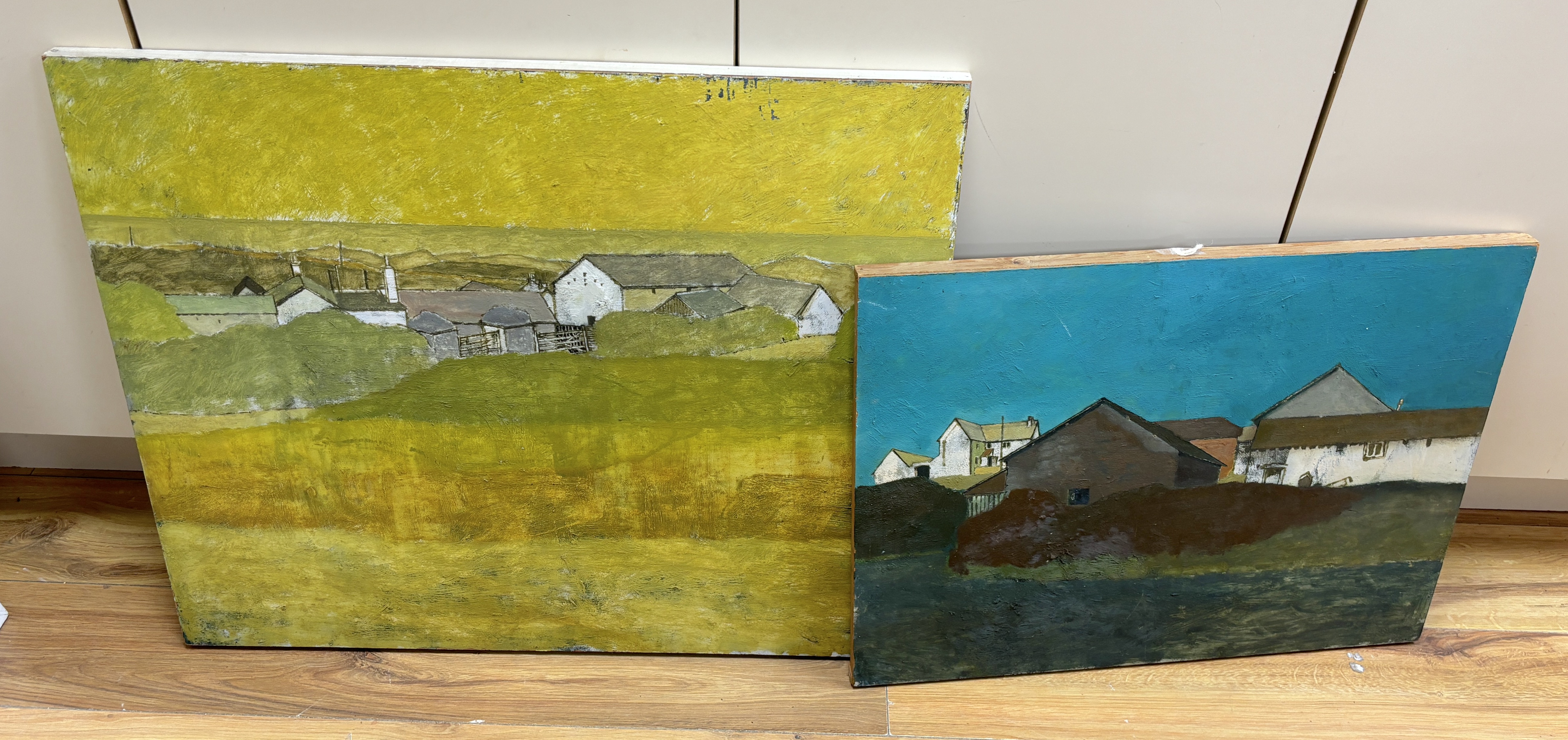 Modern British School, two oils on board, Landscapes with cottages, largest 60 x 76cm, both unframed and unsigned